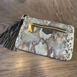 Aimee Kestenberg handbag pouch blue snakeskin vegan leather tassel clutc…